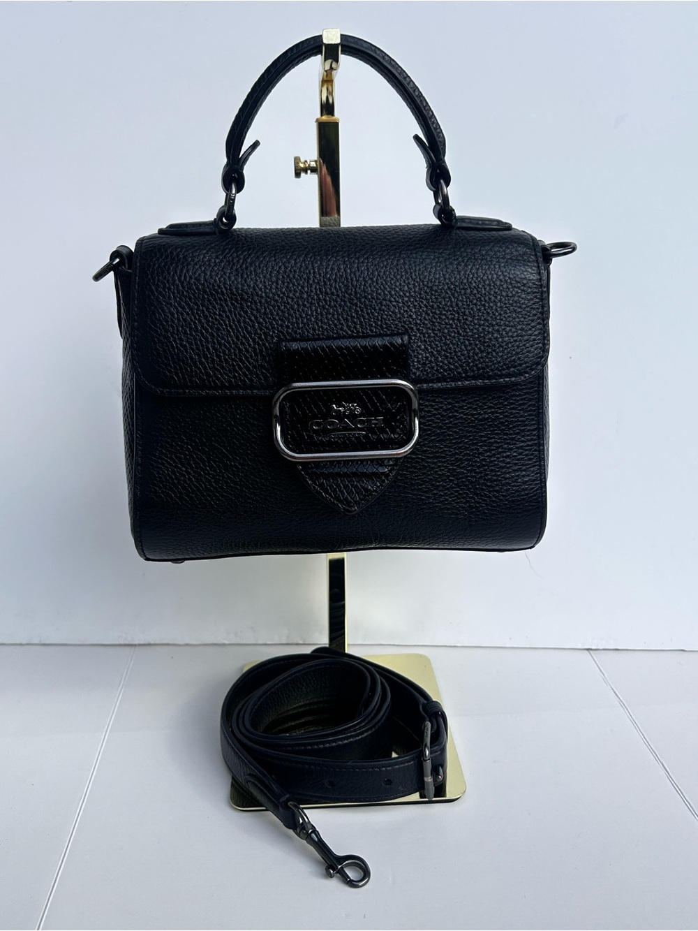 COACH Morgan Top Handle Satchel Crossbody Shoulder Bag Black Pebble Leather CF32